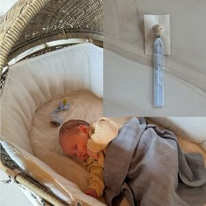 FLORA handmade vintage blue & white stripe pacifier clip with wooden clip